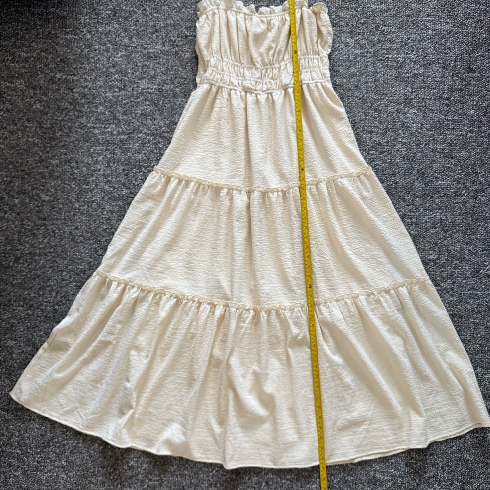 Astr the label Smocked Crinkle Cream Maxi Dress L tiered Cottagecore Babydoll - Picture 2 of 8